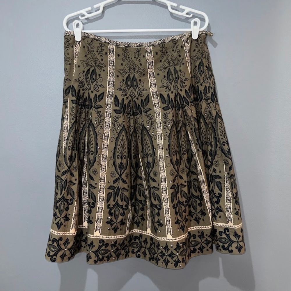 A Line Olive Green‎ Black Floral Print Cotton Sequin A-Line Skirt Size 12
